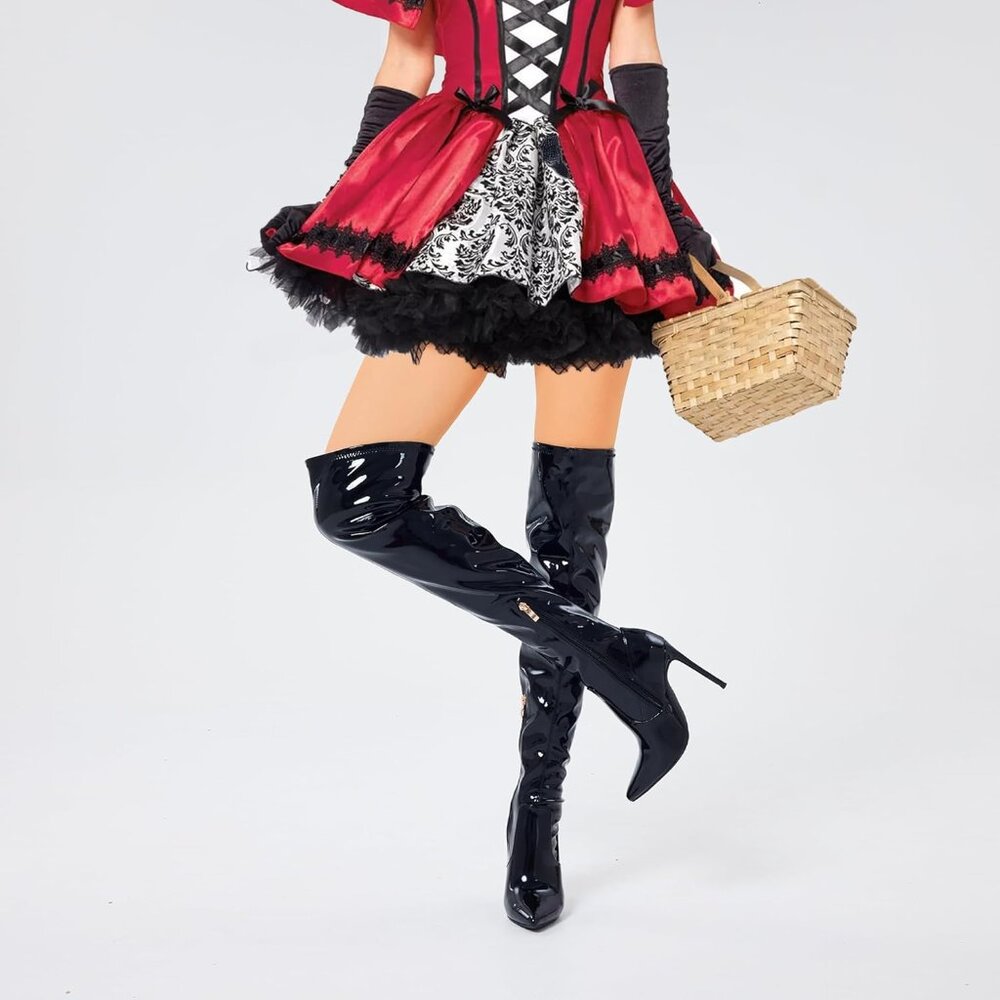 Women Patent Leather Black (PU) Over The Knee Stiletto Heel Pointed Toe Boots - Picture 2 of 7